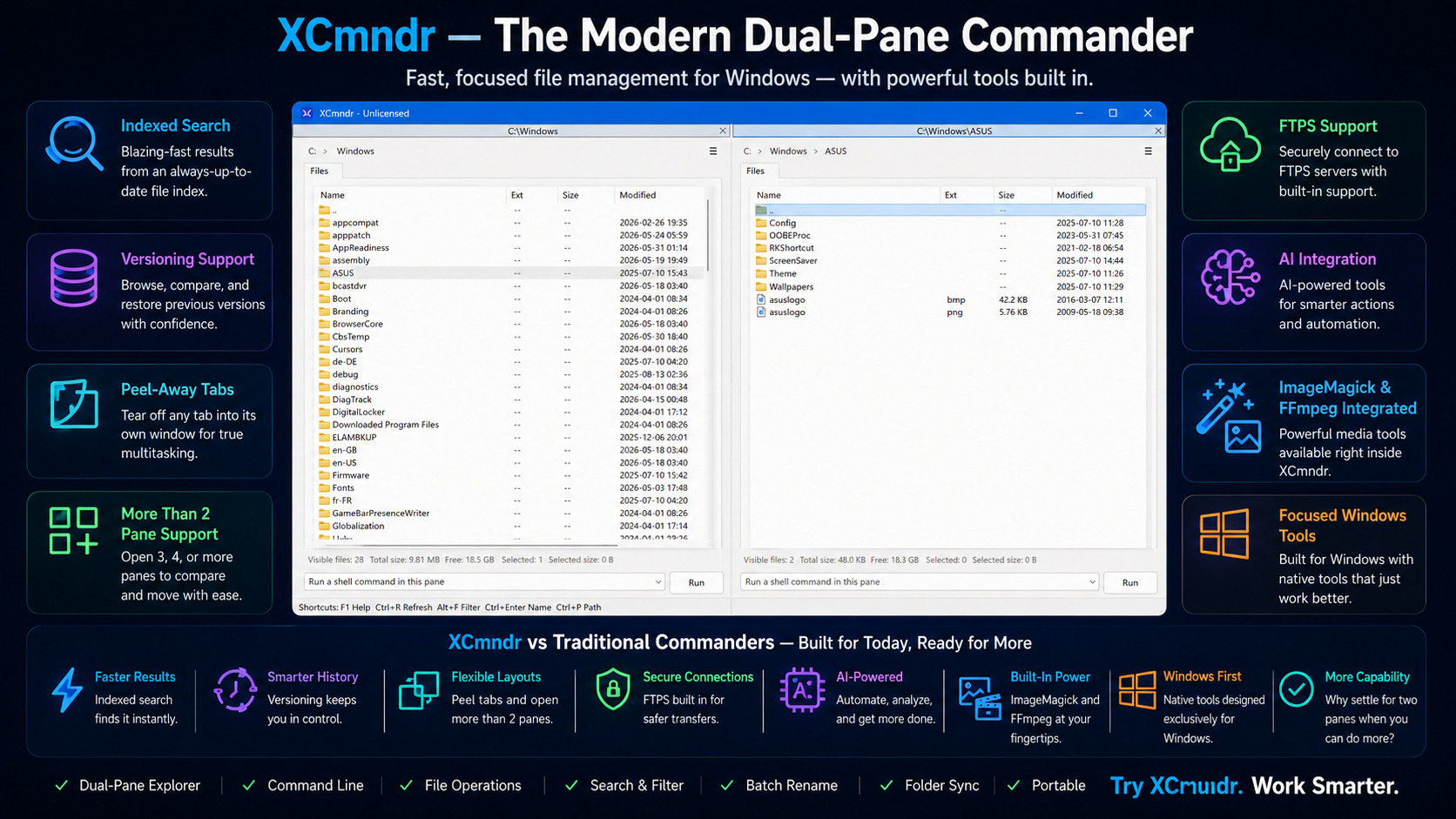 Preview of the XCmndr interface showing dual-pane file management and integrated command input